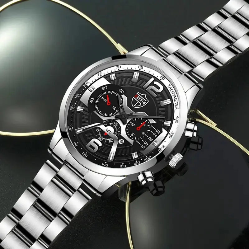 The DEYROS 5PCS Set: Fashion Men's Calendar Quartz Watch, Necklace, and Bracelet