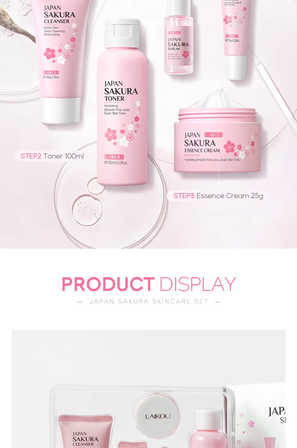 Face Skin Care Set Cleanser Sakura Essence Cream Moisturizing Toner Eye Cream Face Serum Improve Roughness & Dryness Skin Care