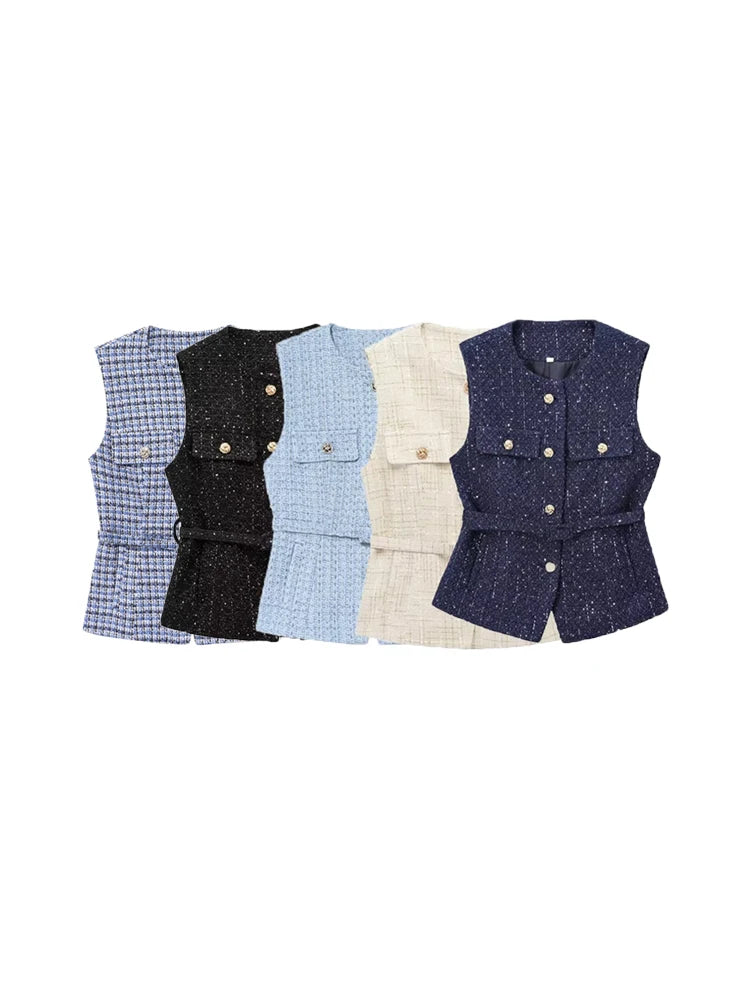 Urban Chic Tweed Waistcoat – Belted Sleeveless Vest