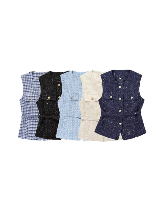 Urban Chic Tweed Waistcoat – Belted Sleeveless Vest