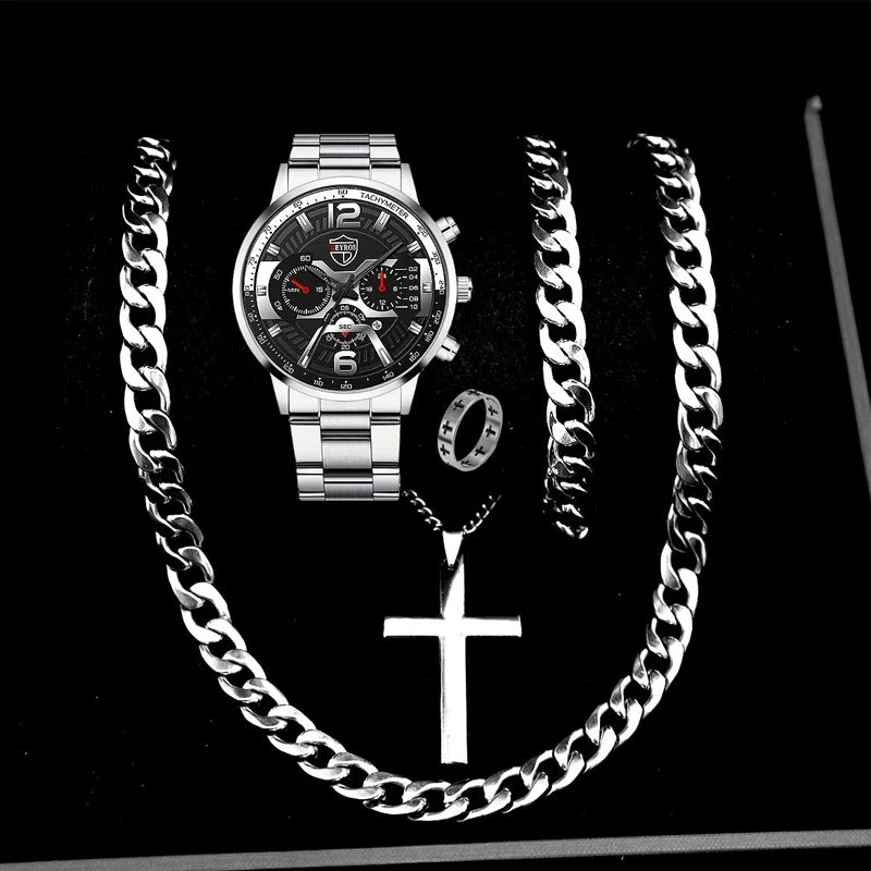 The DEYROS 5PCS Set: Fashion Men's Calendar Quartz Watch, Necklace, and Bracelet