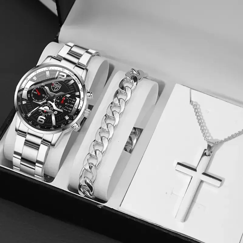 The DEYROS 5PCS Set: Fashion Men's Calendar Quartz Watch, Necklace, and Bracelet
