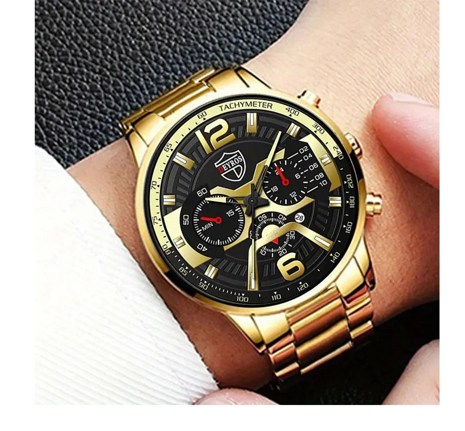 The DEYROS 5PCS Set: Fashion Men's Calendar Quartz Watch, Necklace, and Bracelet