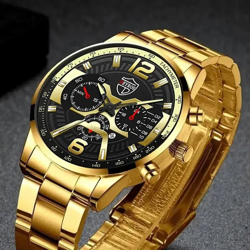 The DEYROS 5PCS Set: Fashion Men's Calendar Quartz Watch, Necklace, and Bracelet