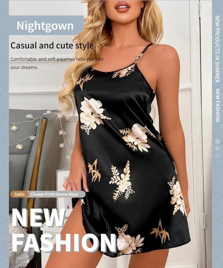 Midnight Blossom Satin Nightdress