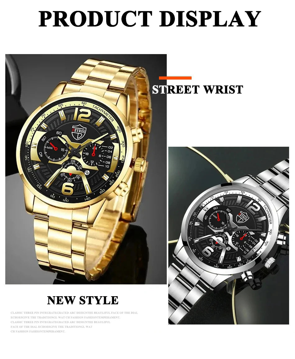 The DEYROS 5PCS Set: Fashion Men's Calendar Quartz Watch, Necklace, and Bracelet