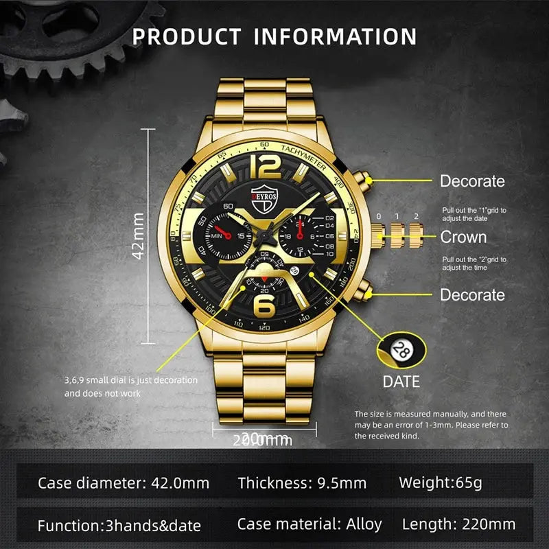 The DEYROS 5PCS Set: Fashion Men's Calendar Quartz Watch, Necklace, and Bracelet